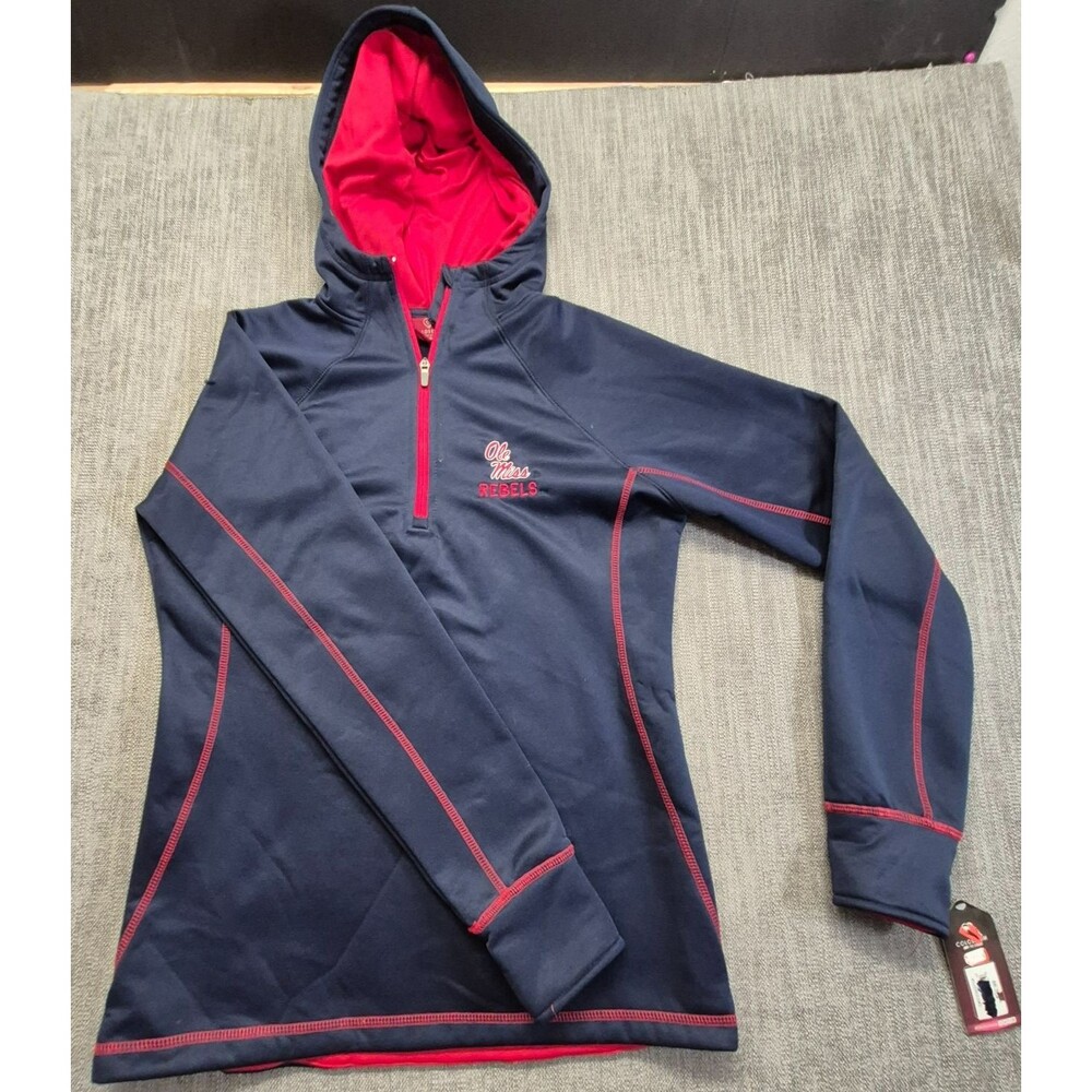 NWT Ole Miss Rebels Women's LG 1/4 Zip Hooded Pullover Navy Blue/Red Details